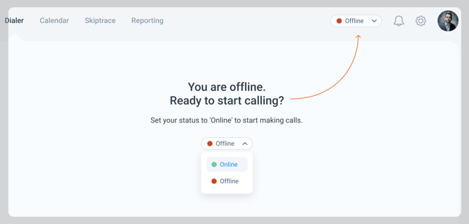 You can pause the dialer at any time by switching to offline mode